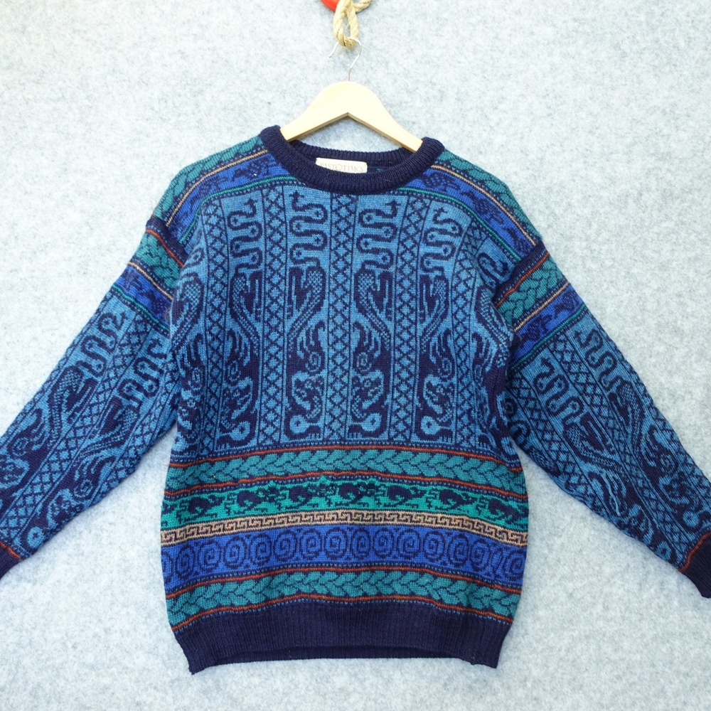 Vintage 1990s Celtic Wool Sweater PAST TIMES Men SMALL Blue Intarsia Medieval